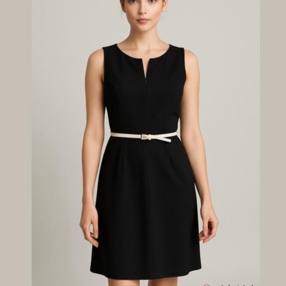 Calvin Klein Black A-Line Keyhole Front Sleeveless Belted Dress
